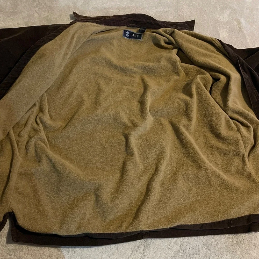 IZOD Jeans Jacket Mens Large Brown Corduroy Fleece Lined Shirt Button Up Sherpa
